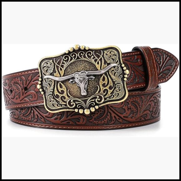 Floral Engraved Longhorn Bull Buckle Western Belt for Jeans main image 5